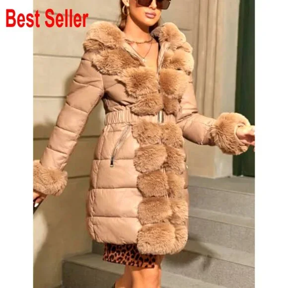 Faux Leather Puffer Jacket with Fur Hood Water-Resistant Belted Coat - Picture 6 of 7